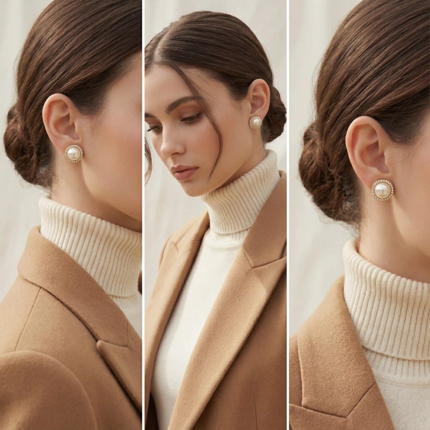 Lifestyle photography collage of woman styling elegant pearl and crystal studs old money look.