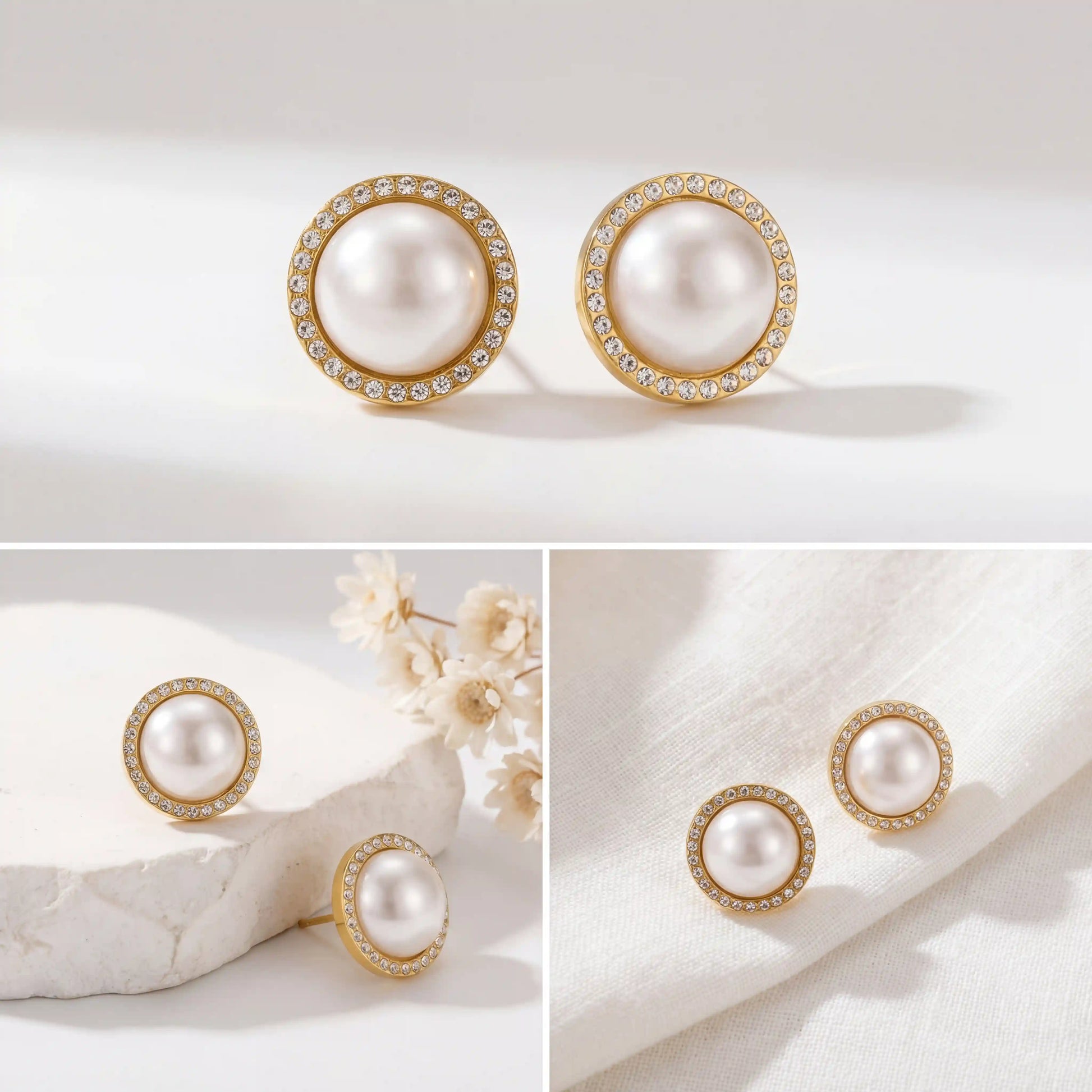 Aesthetic product photography details of Athena pearl studs on white stone background.