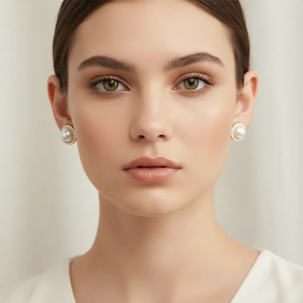 A stunning, clean-beauty portrait of a model wearing The Athena pearl and crystal halo studs, highlighting their ability to brighten and frame the face.