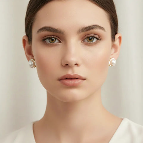 A stunning, clean-beauty portrait of a model wearing The Athena pearl and crystal halo studs, highlighting their ability to brighten and frame the face.