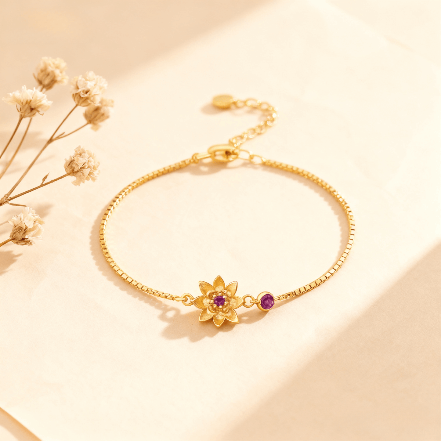 Birth Flower Bracelet | Dainty Gold Box Chain with Birthstone