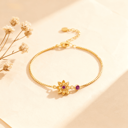 Birth Flower Bracelet | Dainty Gold Box Chain with Birthstone
