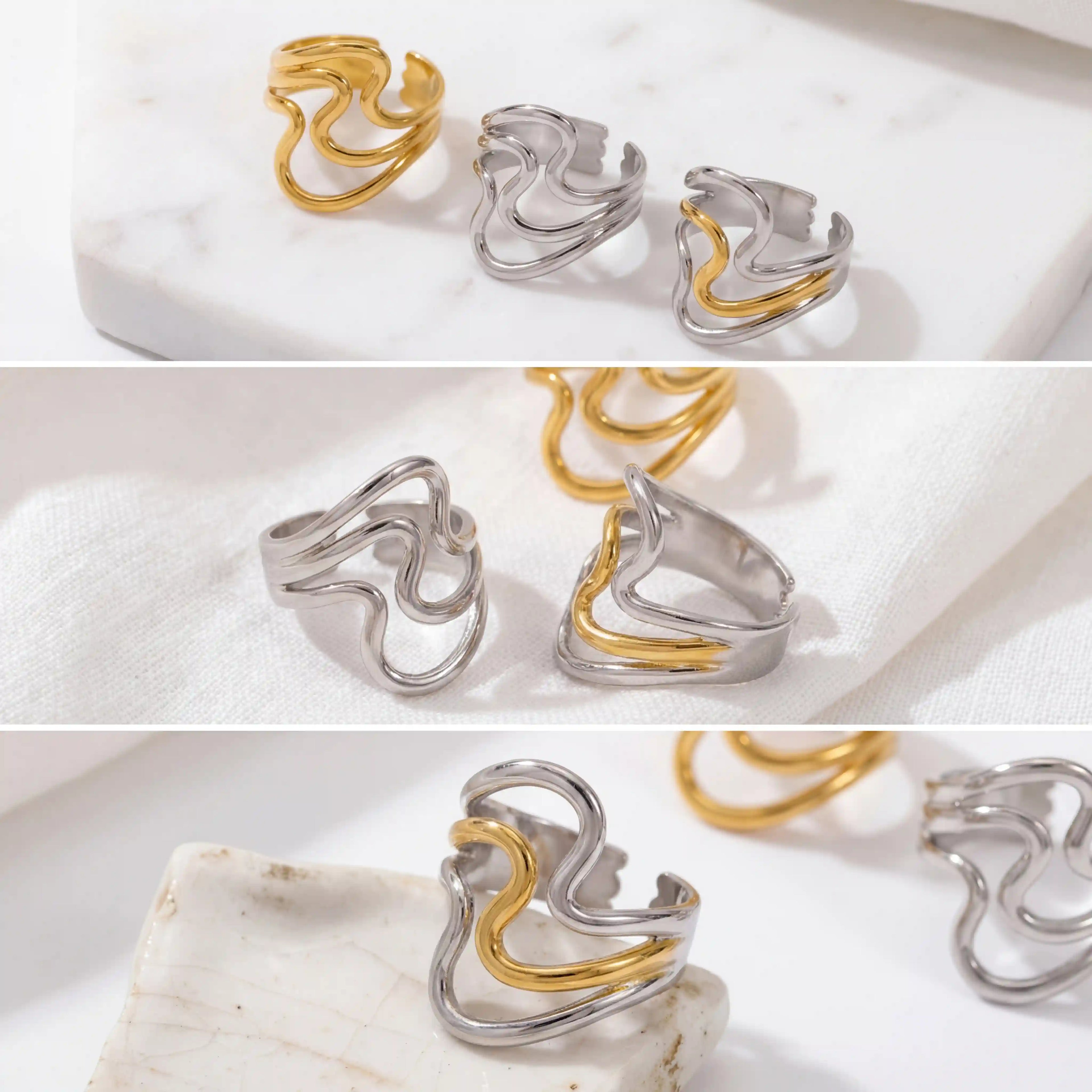 Aesthetic product photography of gold silver and mixed metal wavy rings.