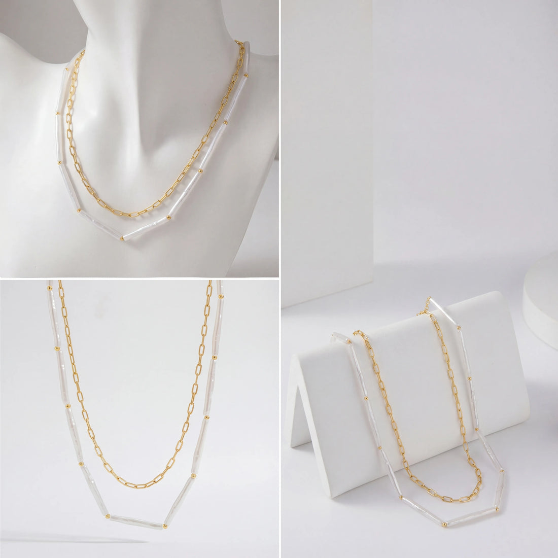 Aesthetic product display of layered gold and white tube bead necklace on jewelry stand.