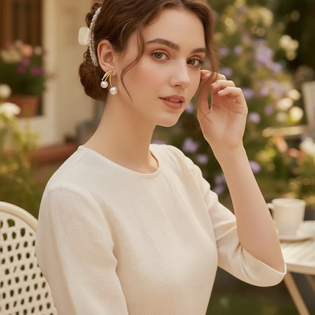 A model in a romantic garden setting wearing a white dress, touching her hair to feature The Chérie Pearl Earrings, embodying a sweet, cottagecore aesthetic.