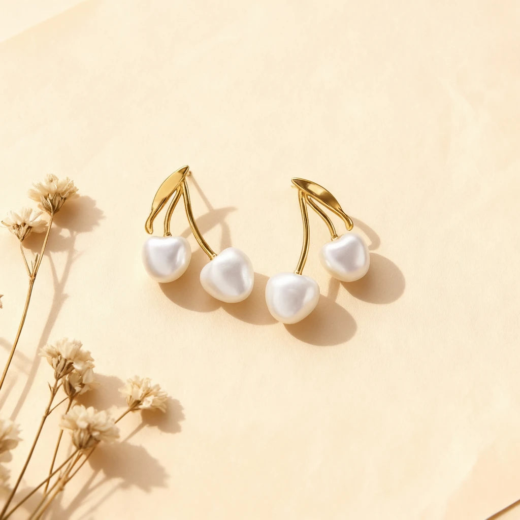 A pair of The Chérie Pearl Earrings by Luminova, styled on a soft beige background with delicate dried flowers, showcasing the cute cherry design with heart-shaped pearls.