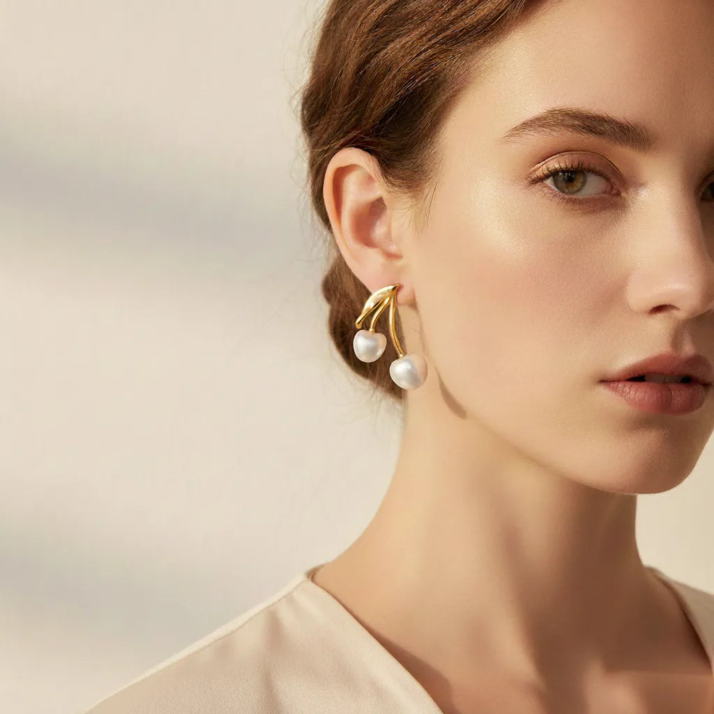 Side profile of a fair-skinned model wearing The Chérie Pearl Earrings, demonstrating how the sweet cherry design drops elegantly from the earlobe.