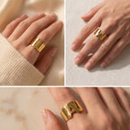 Lifestyle photography collage of woman styling wide gold letter ring minimalist look.