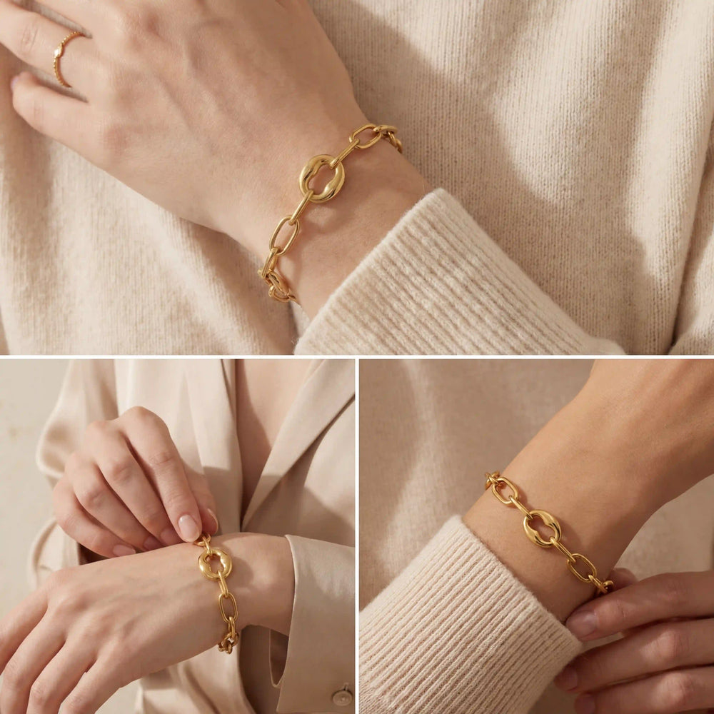 Lifestyle photography collage of woman styling chunky gold chain bracelet office look.