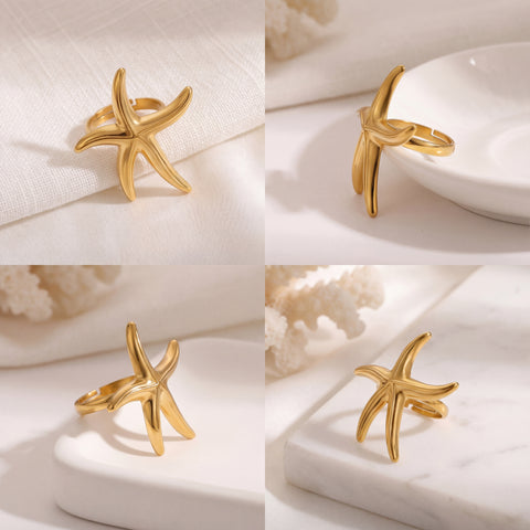 Aesthetic product photography collage of gold starfish ring details and open band side view.