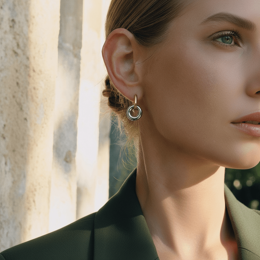 Close-up side profile of a woman wearing Luminova gold knot hoops, showcasing how they dangle from the ear.