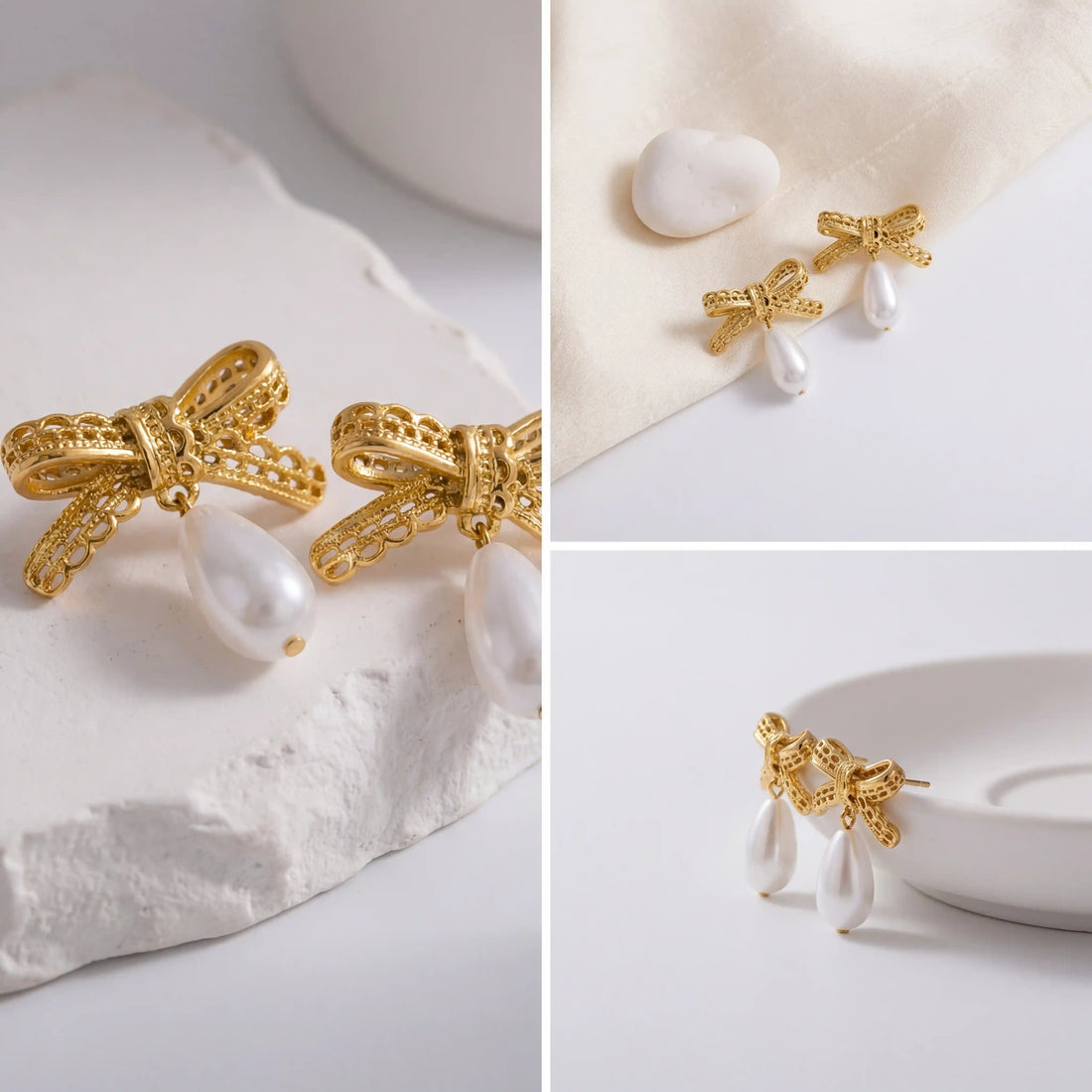 Aesthetic product details of textured gold bow earrings with pearl on white stone background.