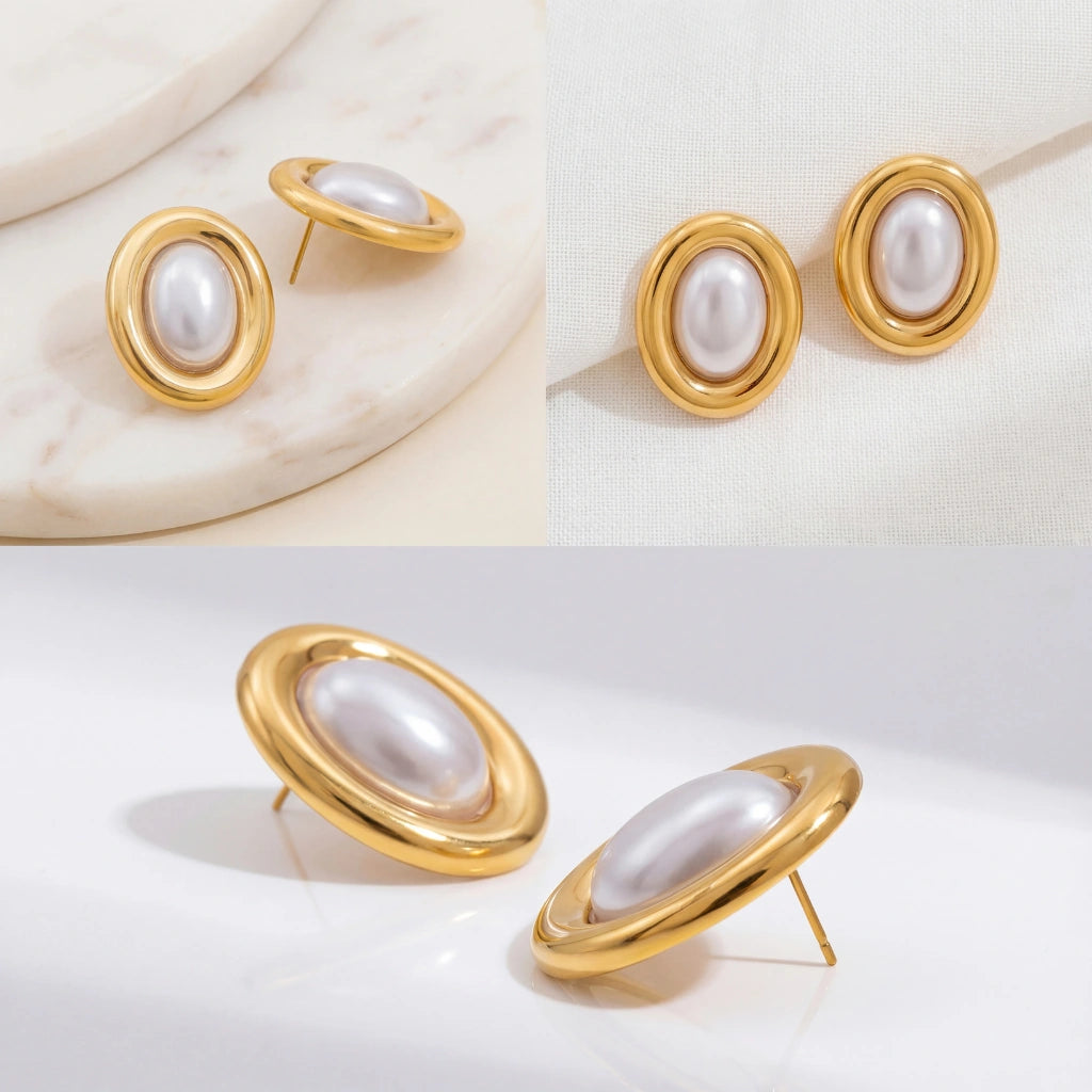 Aesthetic product photography collage of vintage gold pearl studs on marble background.