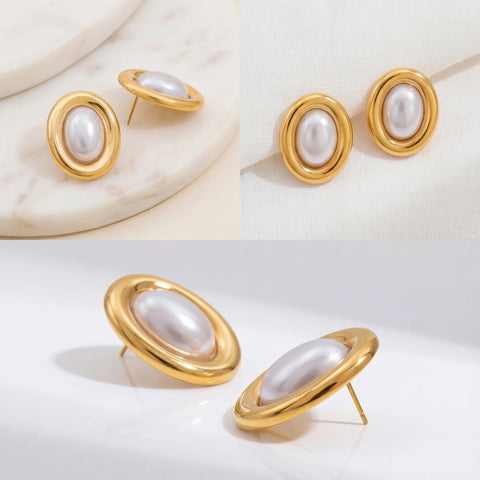 Aesthetic product photography collage of vintage gold pearl studs on marble background.