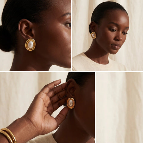 Dark skin model wearing retro gold and pearl button earrings vintage aesthetic.
