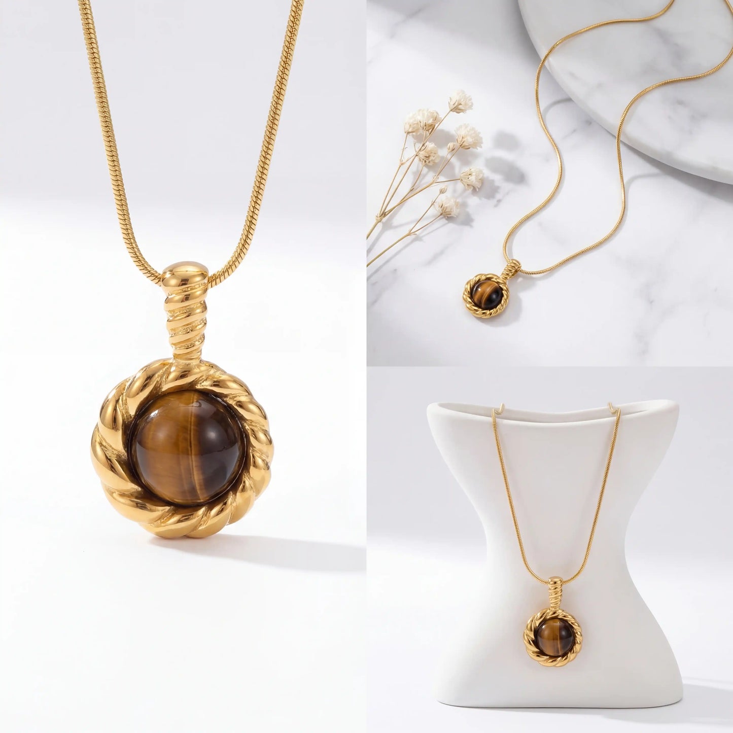 Aesthetic product photography of gold courage stone necklace on jewelry stand.