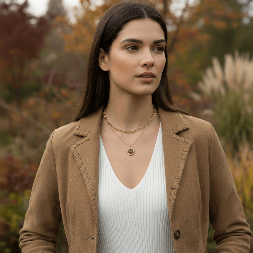 A close-up of one person's hands fastening The Courage Stone Necklace around another person's neck. The image captures a tender, supportive moment, positioning the necklace as the perfect gift of encouragement