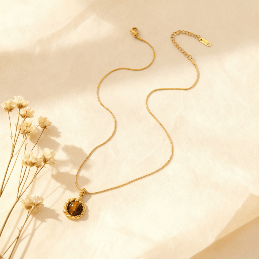 A macro shot of the rectangular Tiger's Eye pendant catching the light. The image details the captivating chatoyancy, showing the silky, golden-brown bands that shimmer and move as if alive.