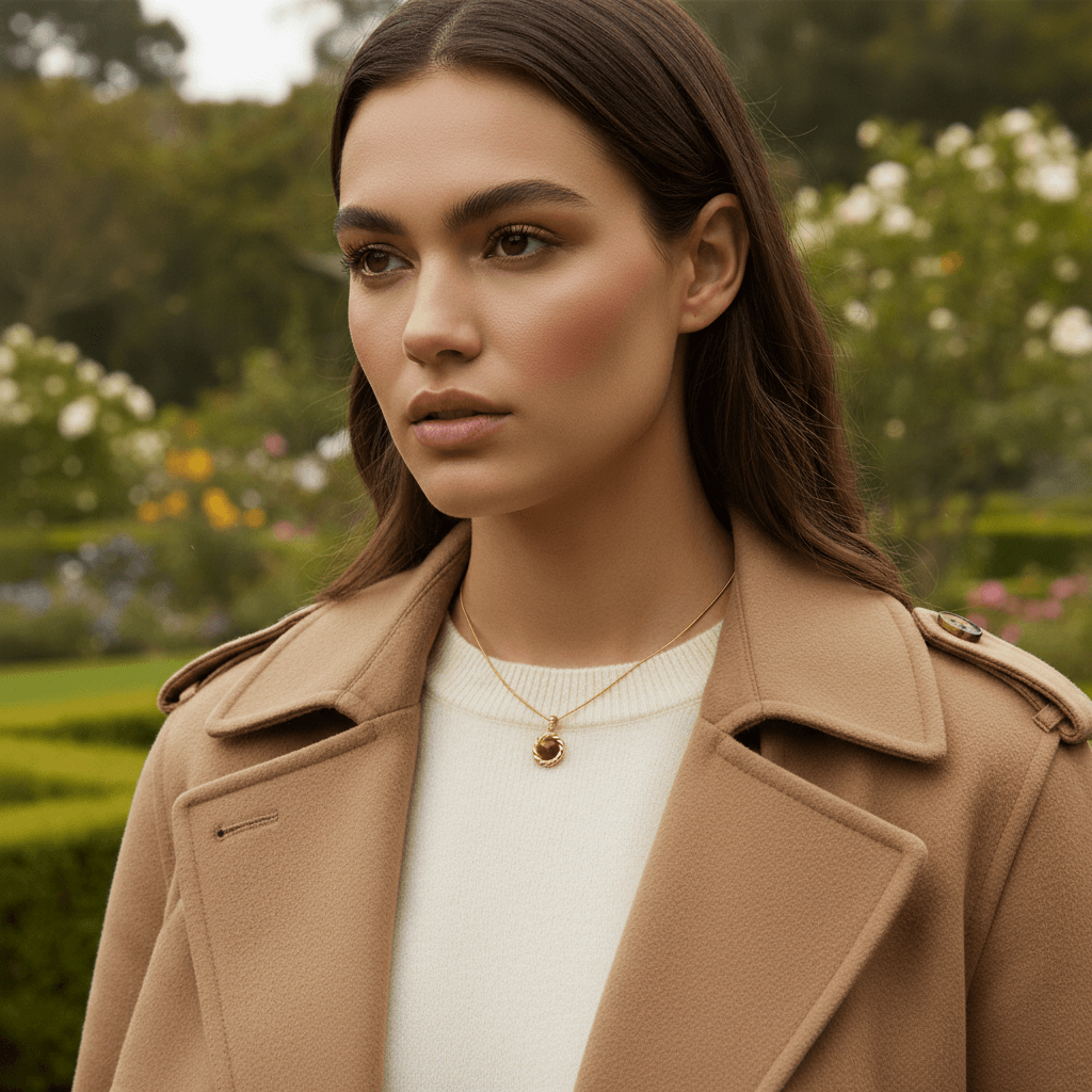 A person's hands typing on a laptop or writing in a journal, with The Courage Stone Necklace visible, emphasizing its role as a "focus" stone for work and creativity.