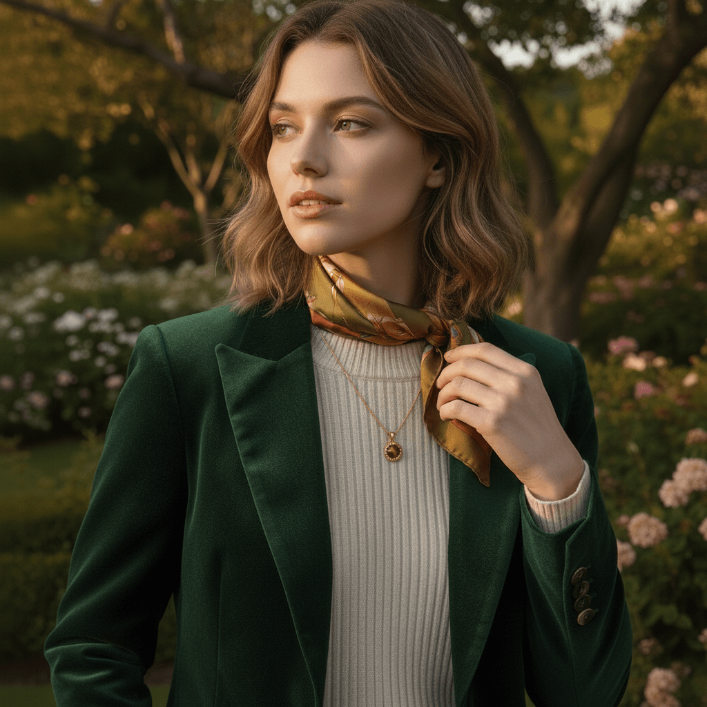 A woman wearing a white linen shirt with the top buttons open, The Courage Stone Necklace lying gracefully on her collarbone. The shot has a calm, confident, and bohemian feel.