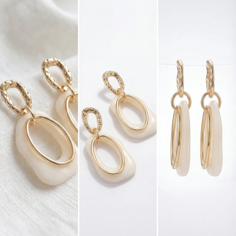 Product photography collage of waterproof gold enamel earrings side and front view.