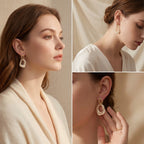 Lifestyle collage of woman wearing art deco style gold drop earrings side profile.