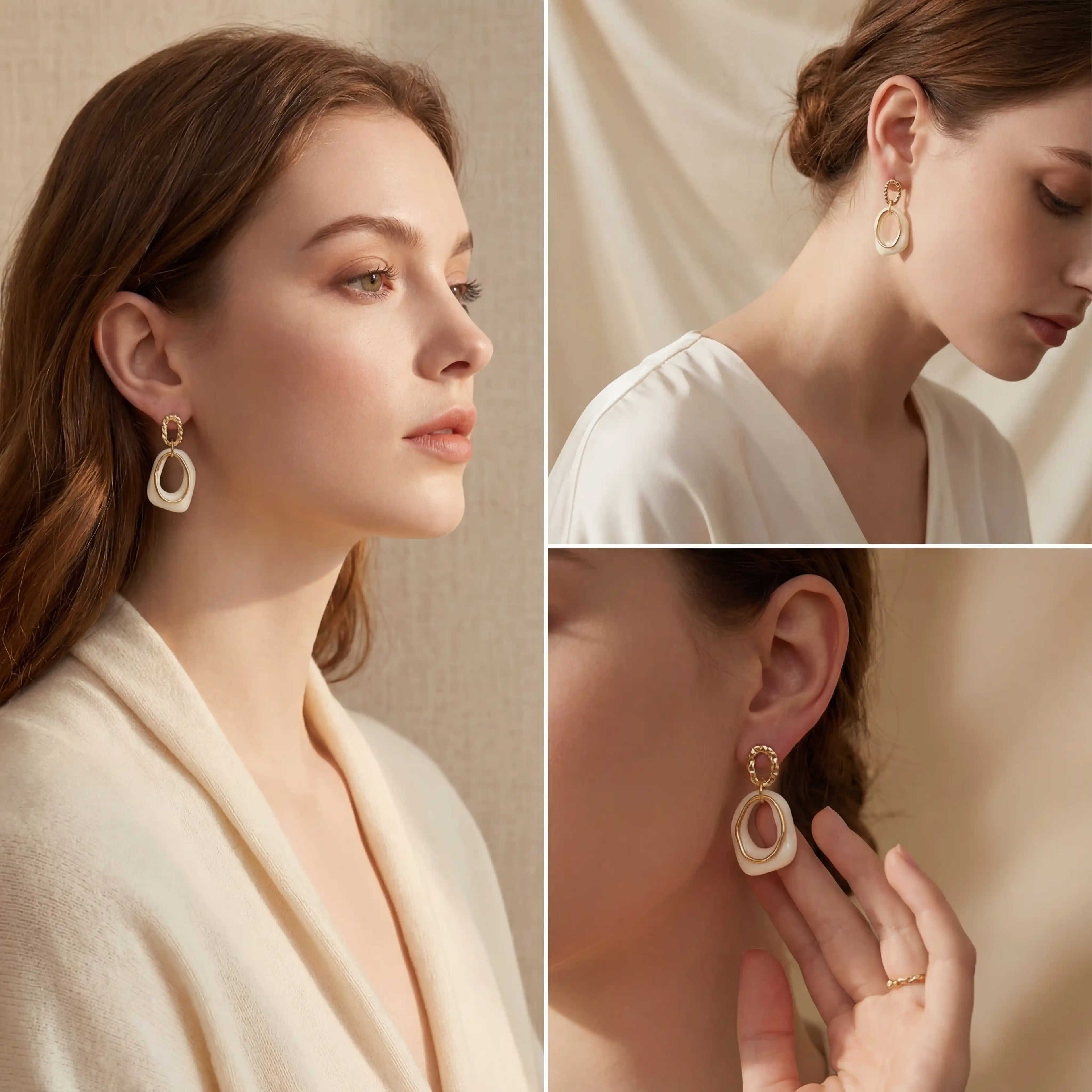 Lifestyle collage of woman wearing art deco style gold drop earrings side profile.