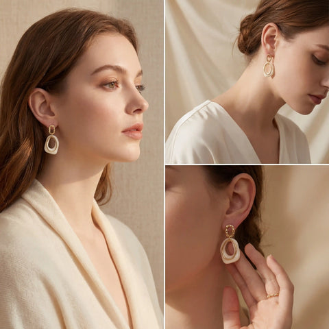 Lifestyle collage of woman wearing art deco style gold drop earrings side profile.