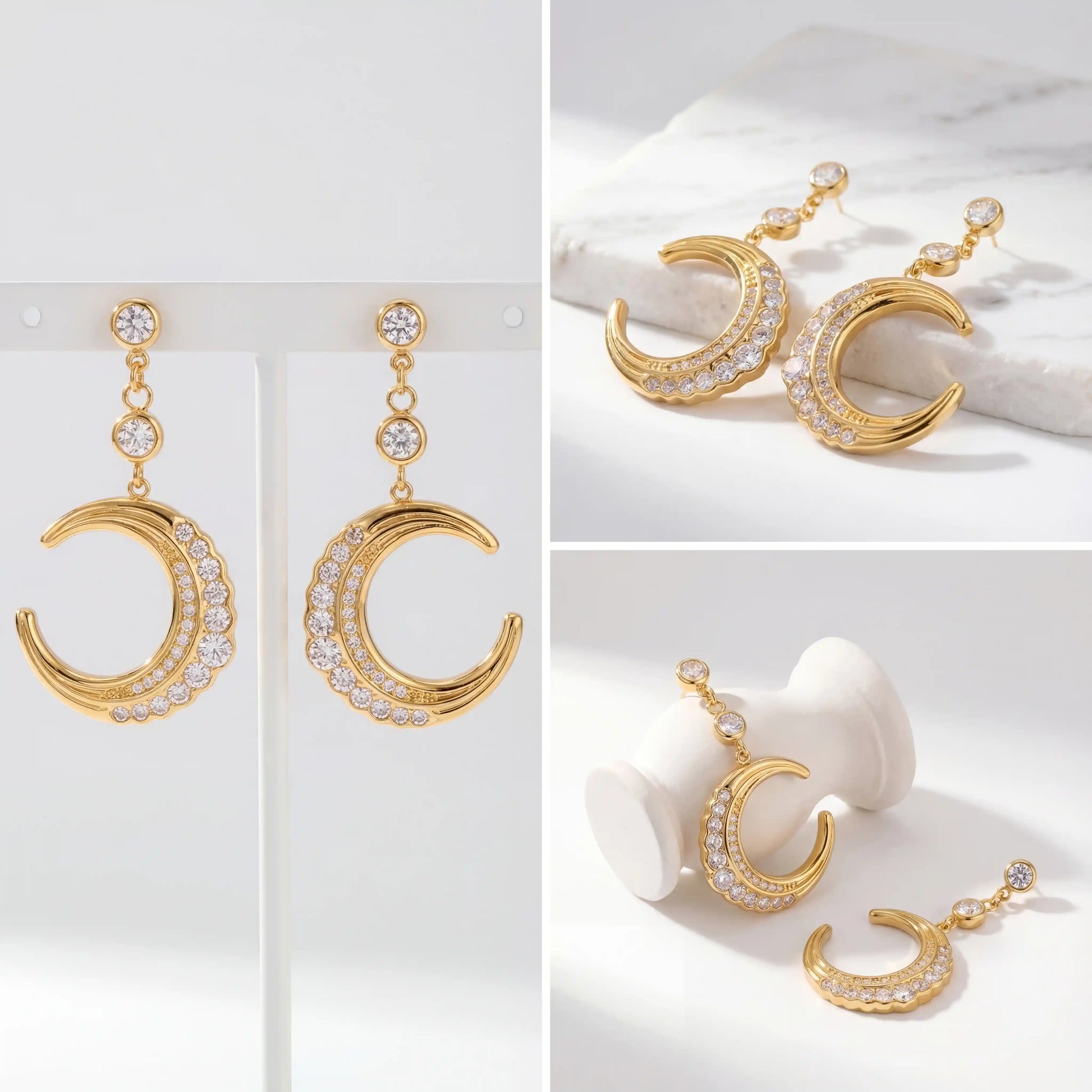 Aesthetic product photography of celestial moon earrings on jewelry stand and stone.