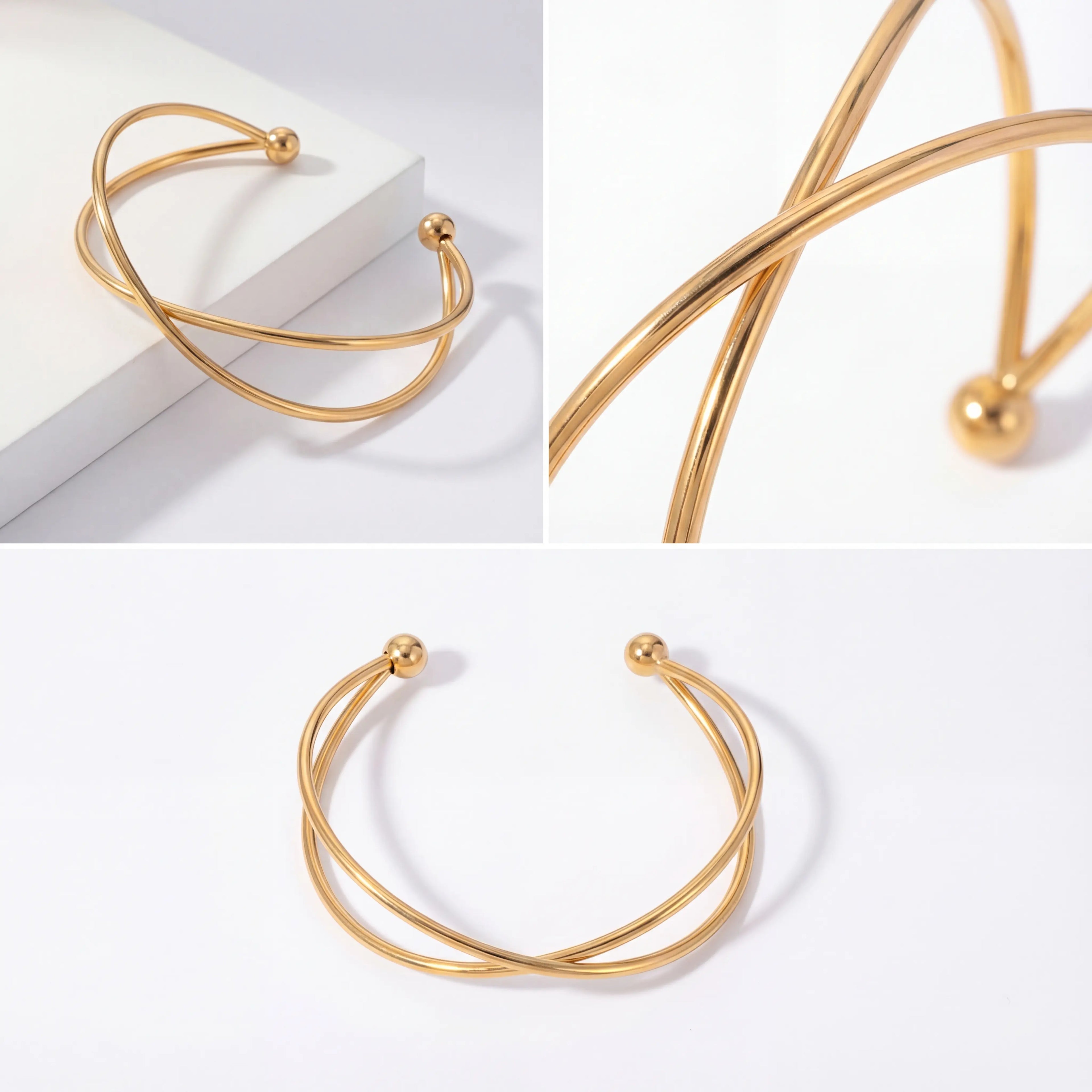 Product details collage of gold minimalist wire cuff bracelet adjustable fit.