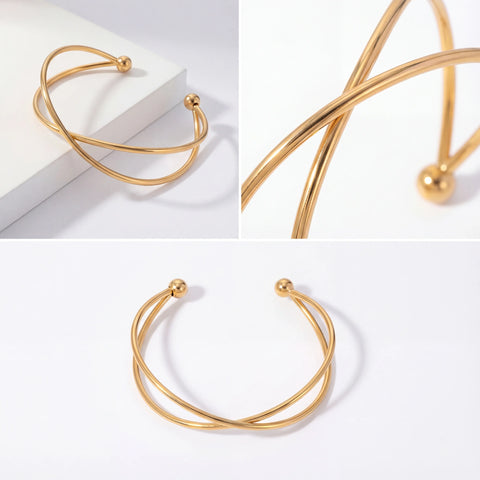Product details collage of gold minimalist wire cuff bracelet adjustable fit.