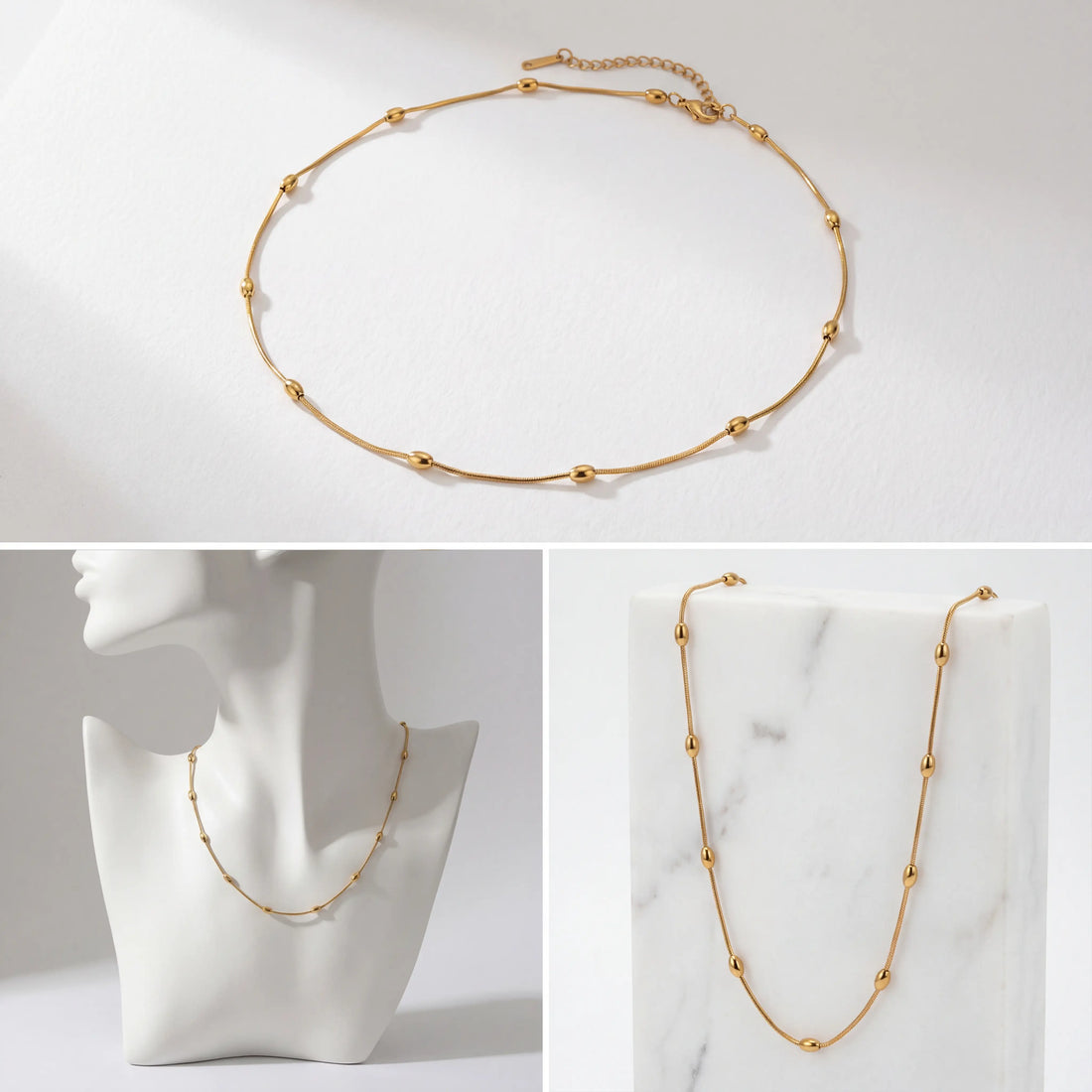 Aesthetic product photography of dainty gold beaded necklace on jewelry bust.
