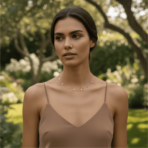 Close-up of a woman wearing the Dainty Bezel Station Necklace, the empty bezel resting on the collarbone.