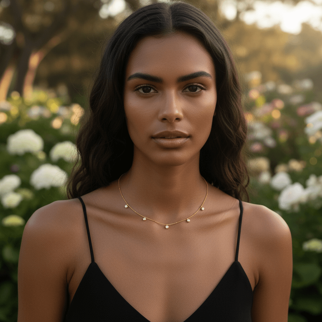 Side-profile of a woman wearing the Dainty Drop Necklace, the pendant gracefully swaying against the skin.