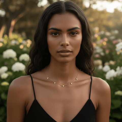 Side-profile of a woman wearing the Dainty Drop Necklace, the pendant gracefully swaying against the skin.