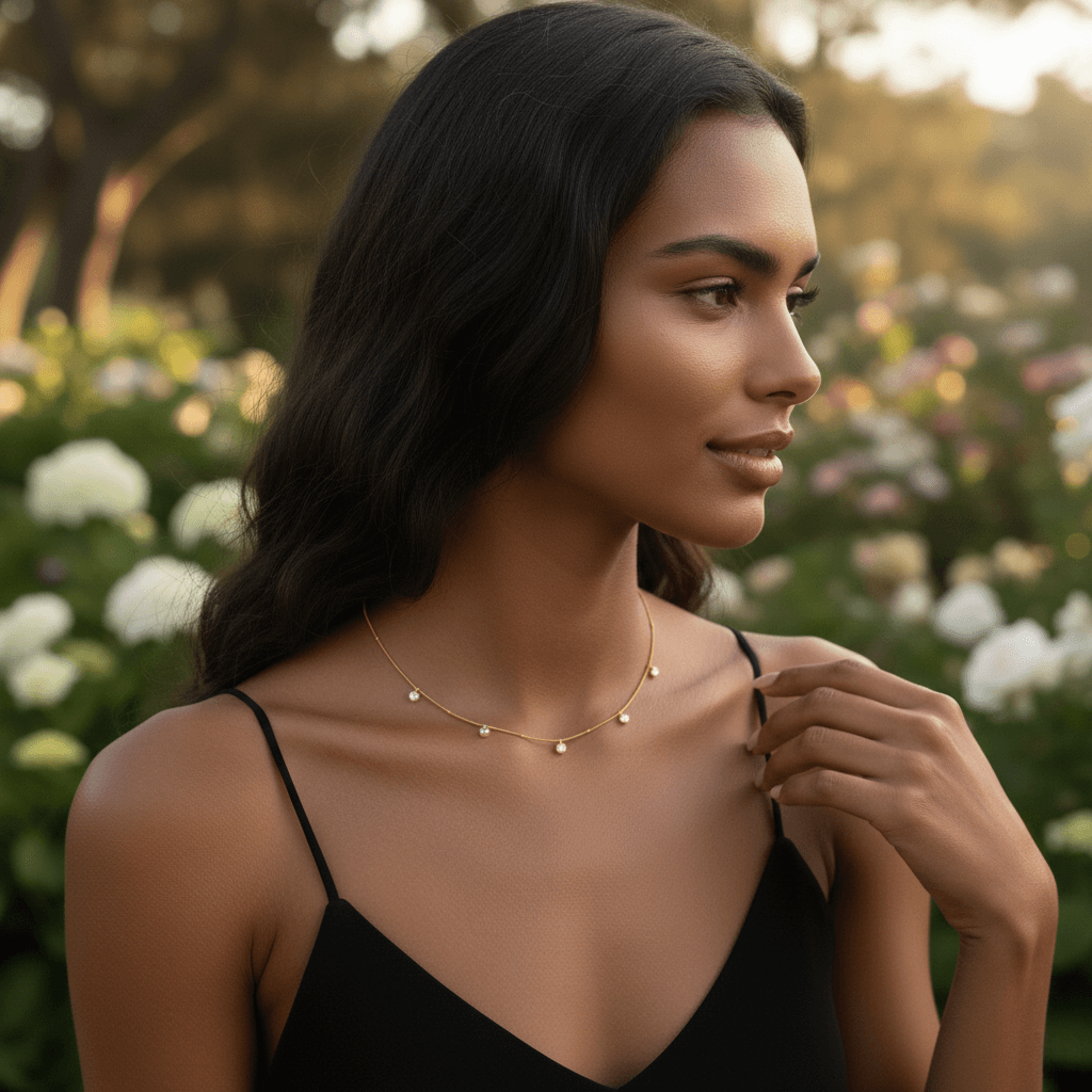 Side-profile of a woman wearing the Dainty Drop Necklace, the pendant gracefully swaying against the skin.