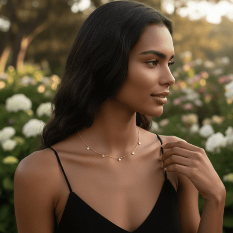 Side-profile of a woman wearing the Dainty Drop Necklace, the pendant gracefully swaying against the skin.