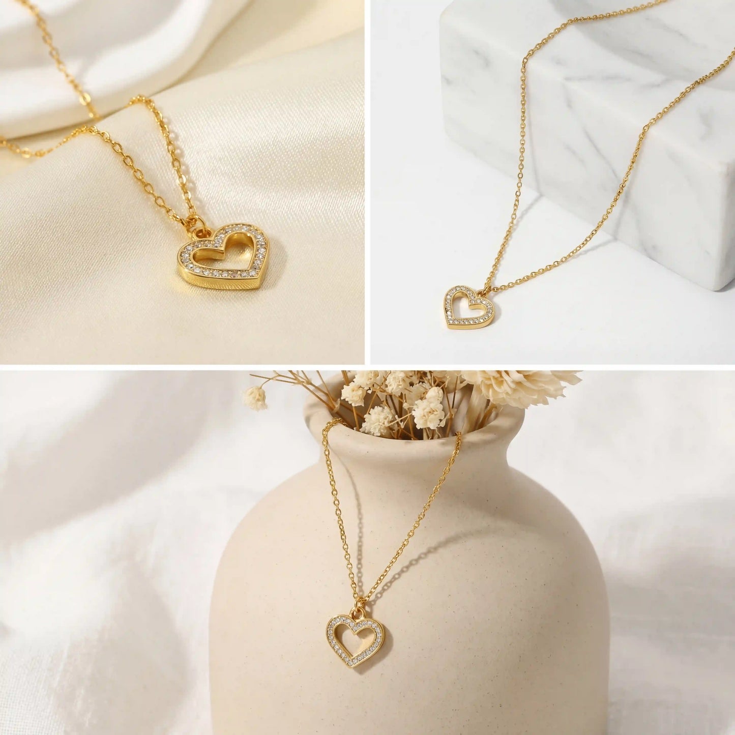 Aesthetic product photography of gold crystal heart necklace draped on vase home decor.