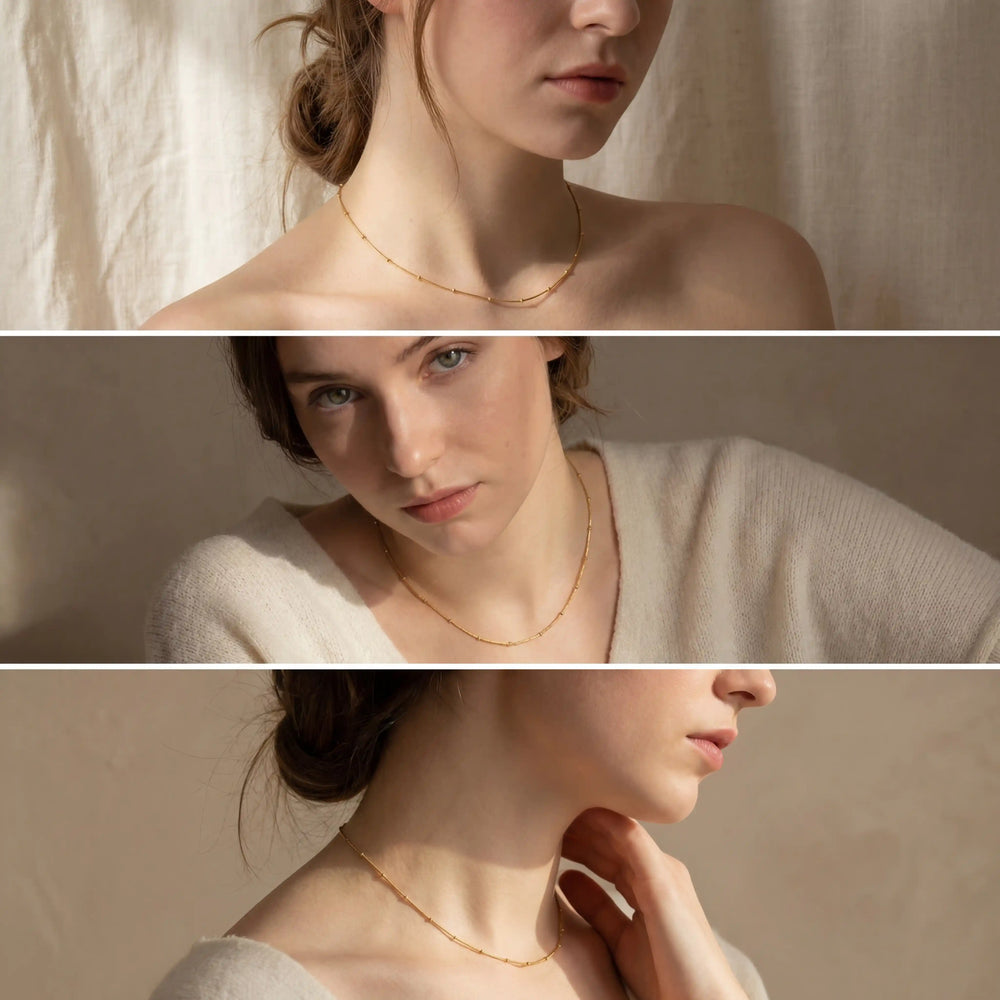 Lifestyle photography collage of woman styling dainty gold dotted necklace soft aesthetic.