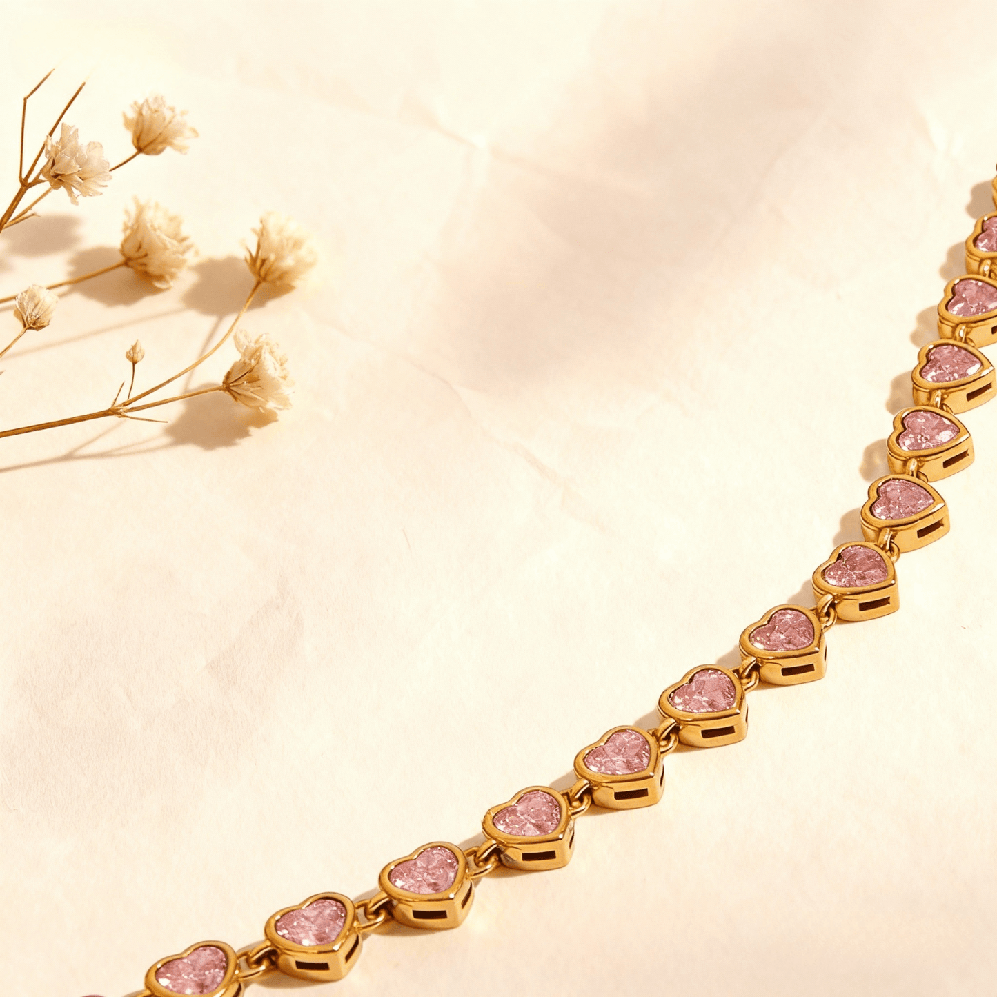 First Kiss Pink Bracelet | Gold Plated Pink Heart Tennis Bracelet