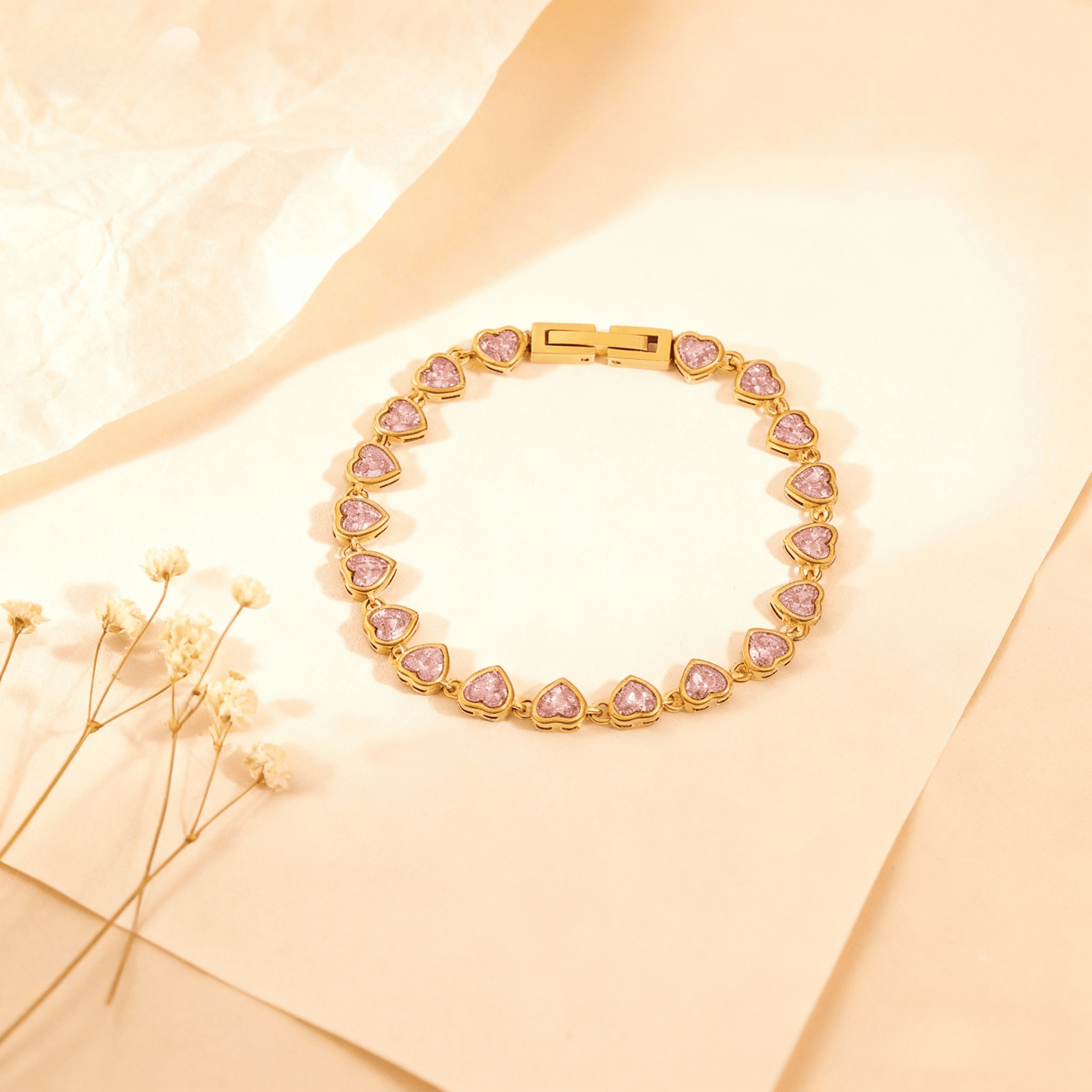First Kiss Pink Bracelet | Gold Plated Pink Heart Tennis Bracelet