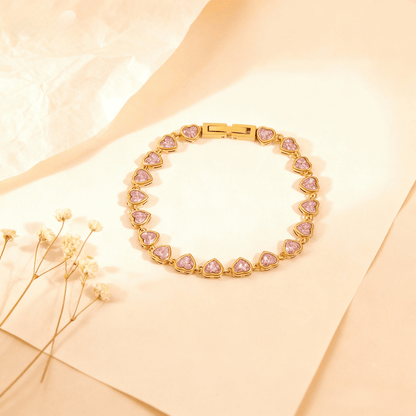 First Kiss Pink Bracelet | Gold Plated Pink Heart Tennis Bracelet