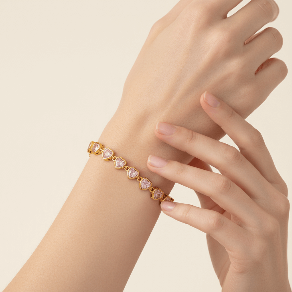 First Kiss Pink Bracelet | Gold Plated Pink Heart Tennis Bracelet