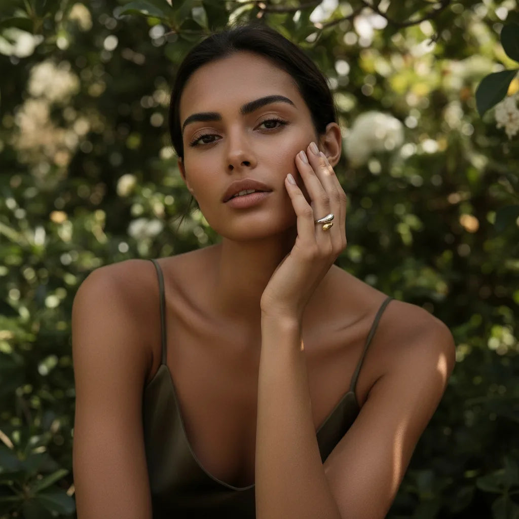 Model in a garden setting, her hand resting on a green bush to display the artistic, two-tone design of the Fluid Pebble Ring in natural light.