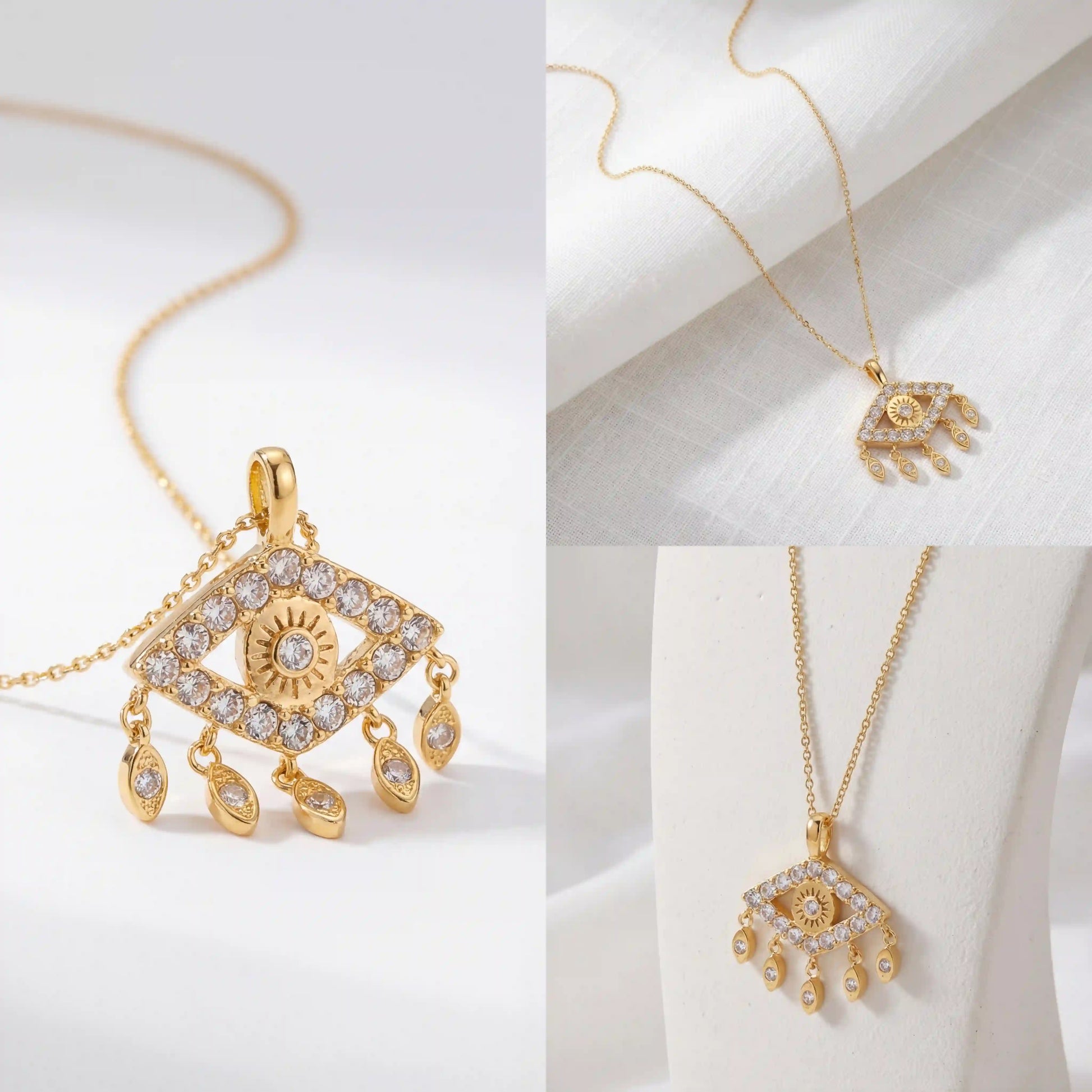 Aesthetic product photography of protective eye necklace on jewelry display stand.