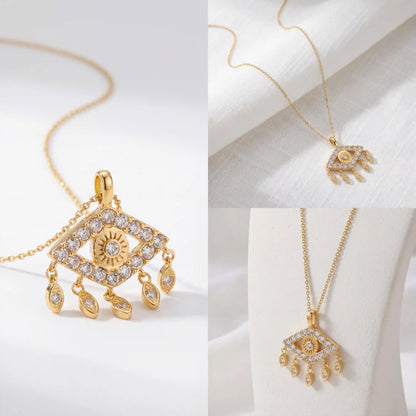 Aesthetic product photography of protective eye necklace on jewelry display stand.