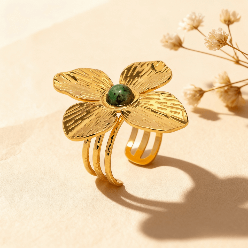 The Gaia Ring, a large, adjustable gold statement ring, shown on a white background. The ring features a four-petal flower with a hammered texture and a central round green stone, on a multi-band open cuff