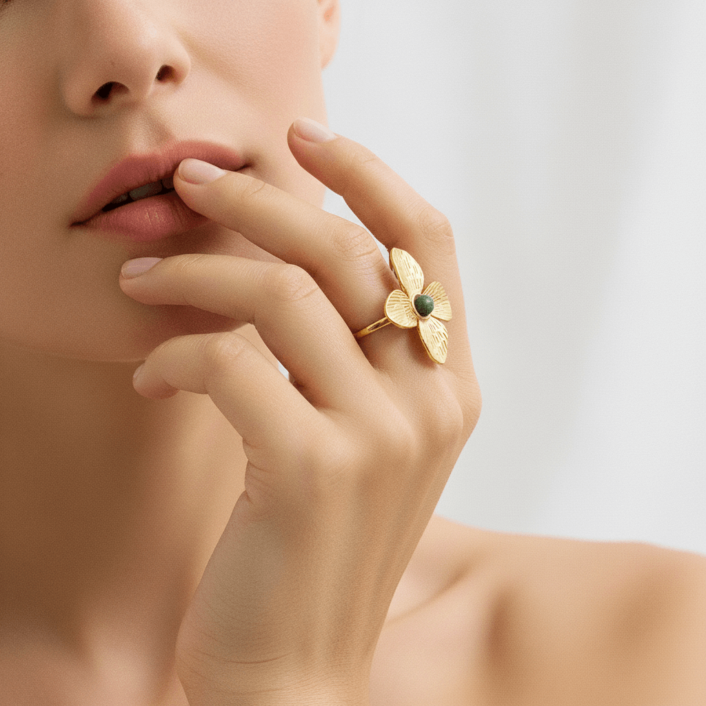 A close-up of a model's hand with a natural manicure, wearing the large, gold Gaia Flower Ring on her index finger. The ring's textured petals and green stone make a bold, bohemian statement