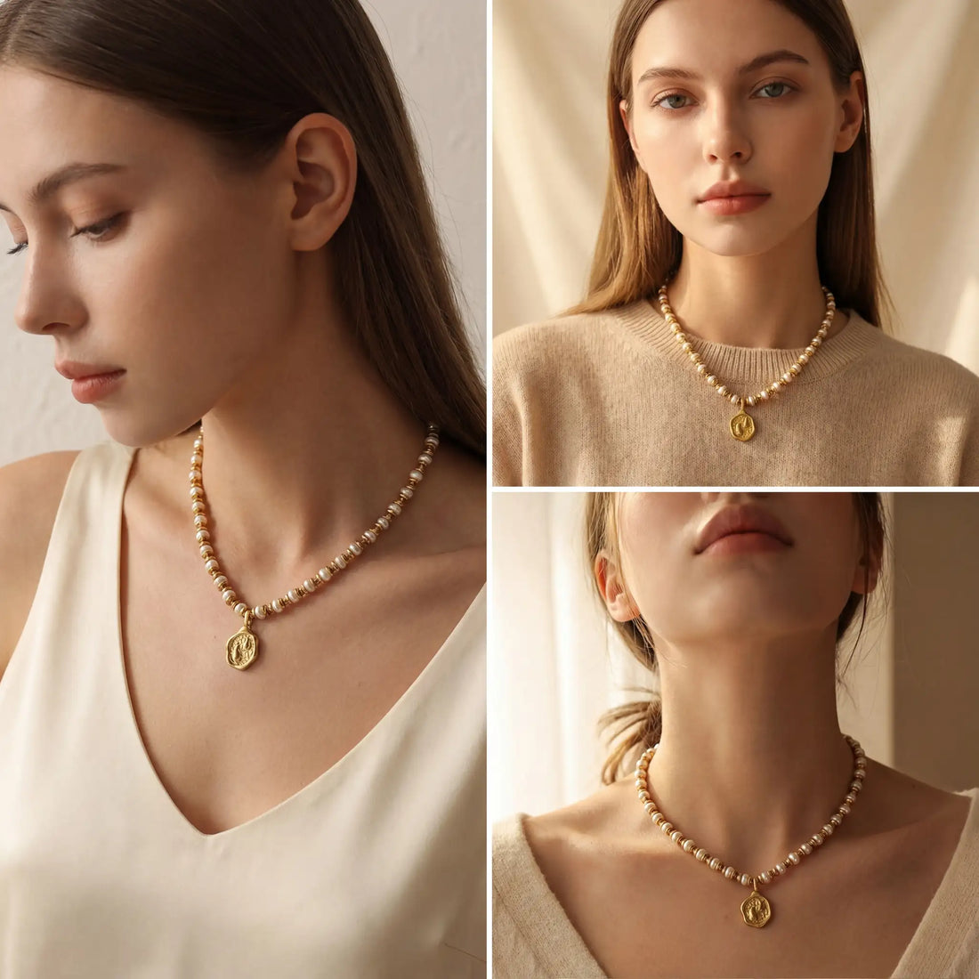 Lifestyle photography collage of woman wearing vintage style pearl coin necklace.