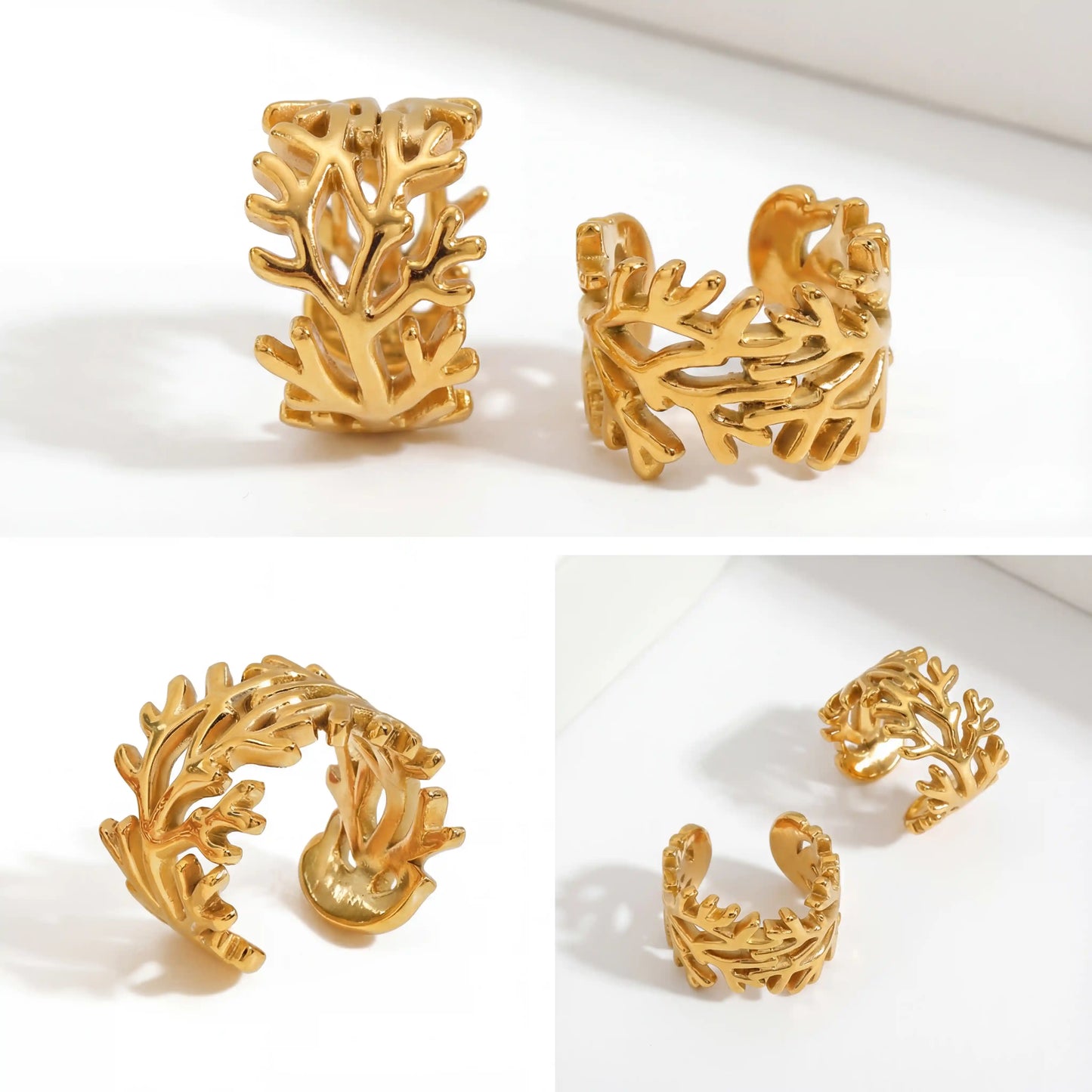Aesthetic product photography collage of gold organic branch ear cuffs details.